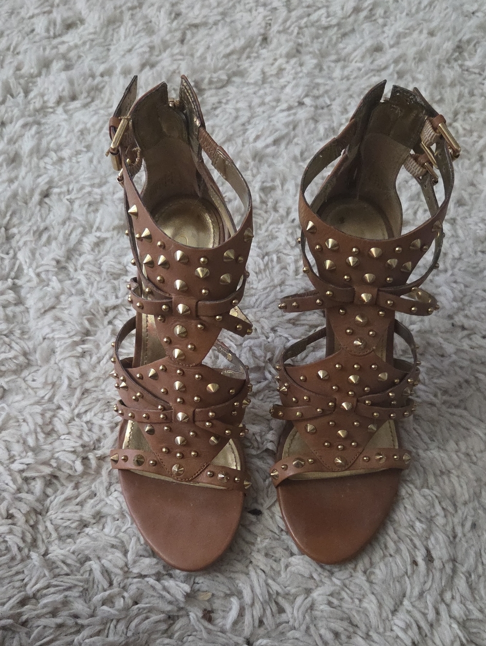 GUESS Studded Brown Leather Strappy Heels - Women